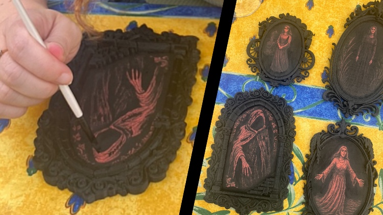 Custom 3D-printed frames housing the ghost portrait installations